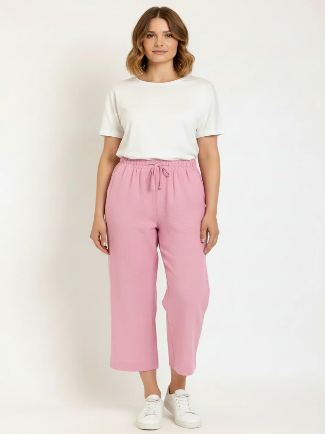 Freequent 7/8 Linen Trousers In Pink 122504