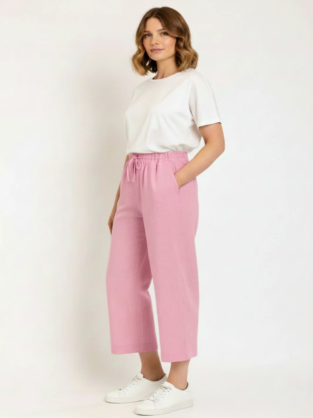 Freequent 7/8 Linen Trousers In Pink 122504 - Image 2