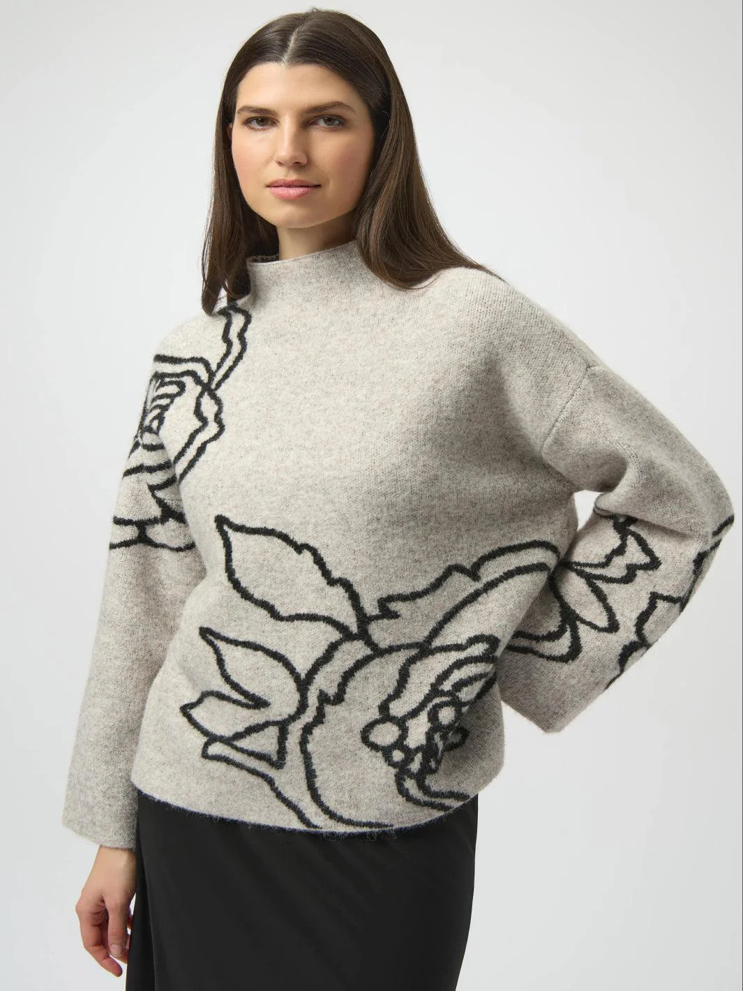 Joseph Ribkoff Floral Embroidered Knit In Oatmeal/Black 254943 - Image 2