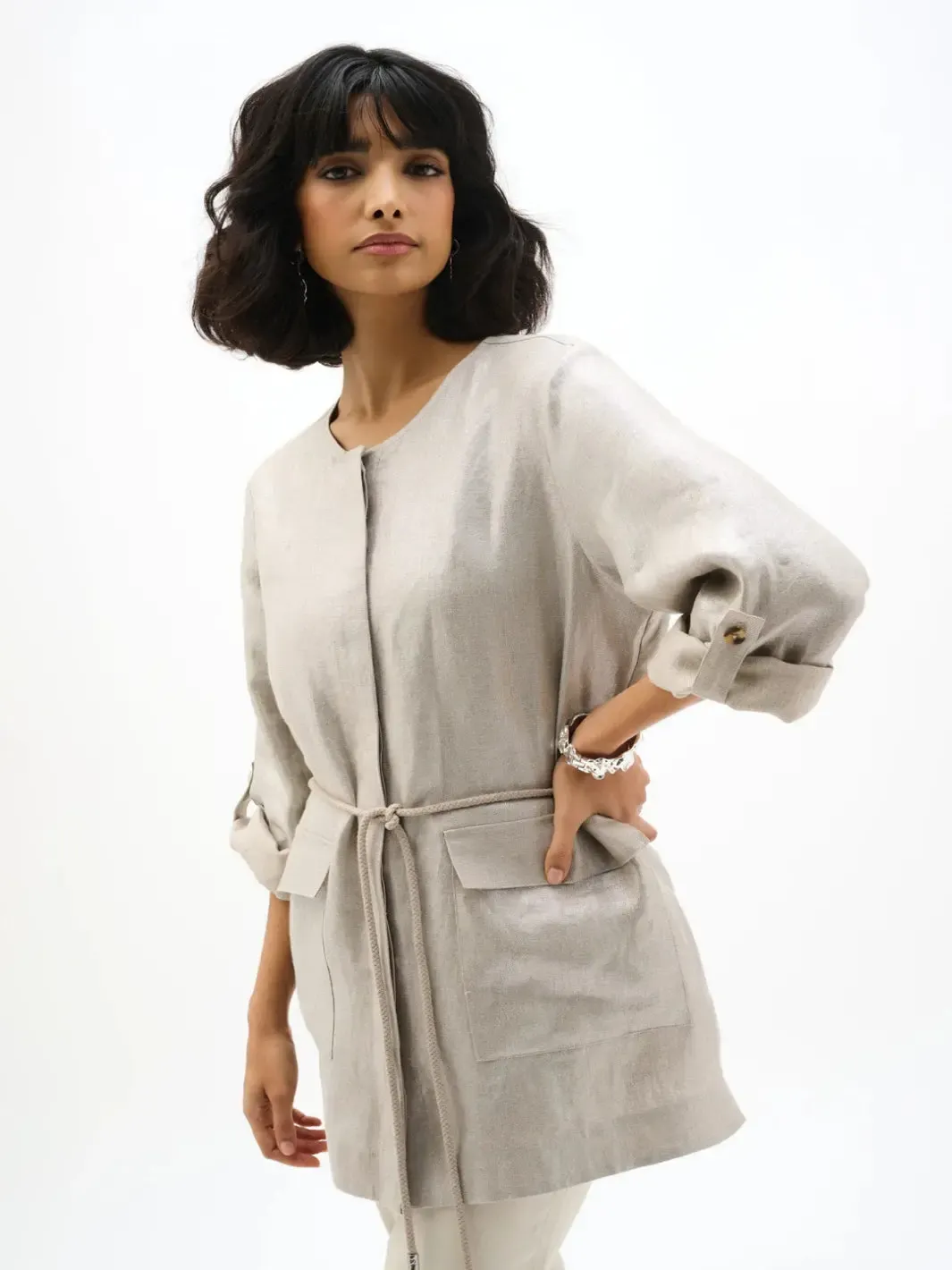 Joseph Ribkoff Foiled Linen Jacket In Champagne 262979 - Image 2