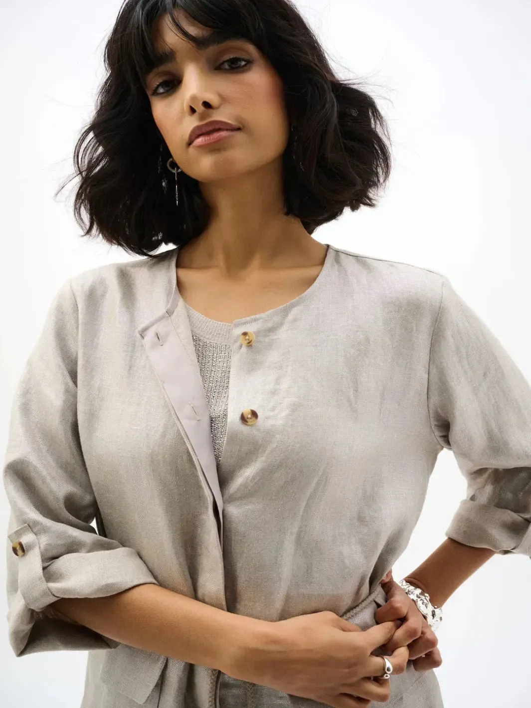 Joseph Ribkoff Foiled Linen Jacket In Champagne 262979 - Image 3