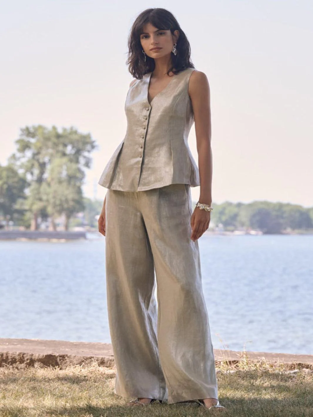 Joseph Ribkoff Foiled Linen Wide Leg Pants In Champagne 262947