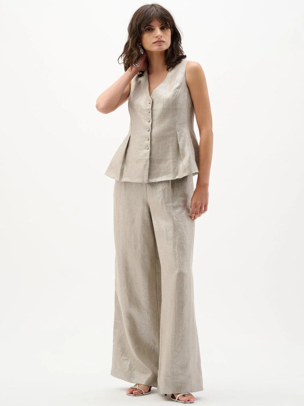Joseph Ribkoff Foiled Linen Wide Leg Pants In Champagne 262947 - Image 2