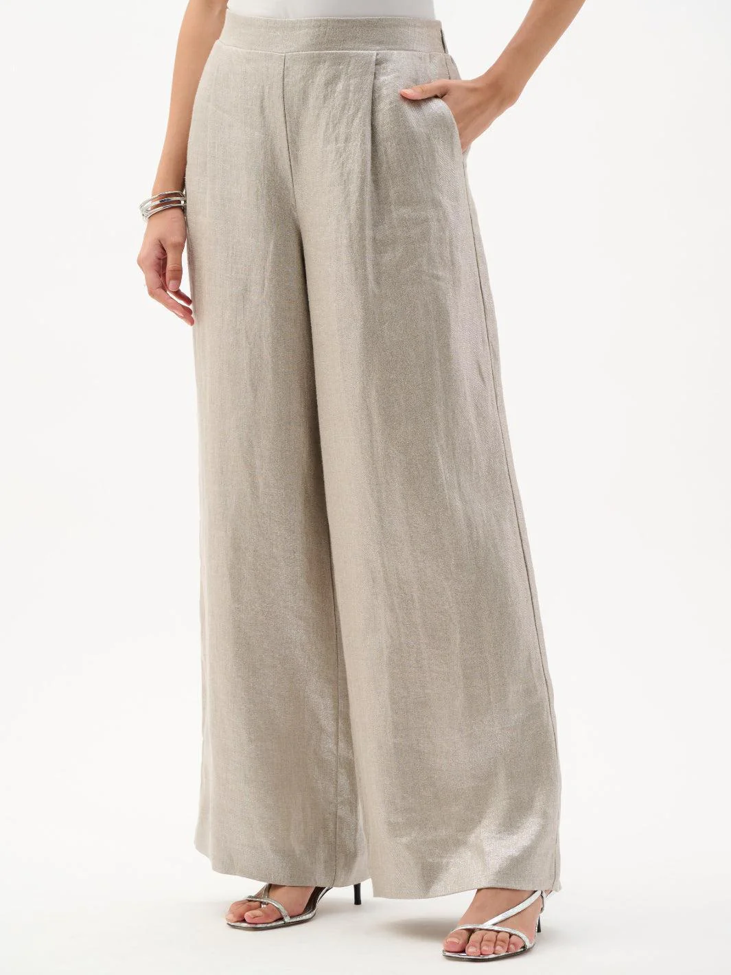 Joseph Ribkoff Foiled Linen Wide Leg Pants In Champagne 262947 - Image 3