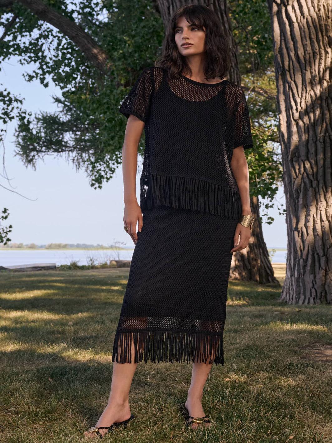 Joseph Ribkoff Fringe Midi Skirt In Black 262929