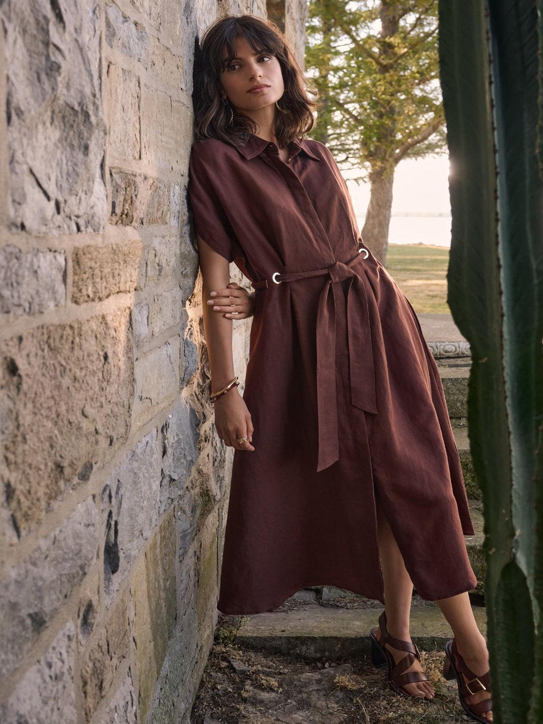 Joseph Ribkoff Midi Belted Shirt Dress In Mahogony 262907