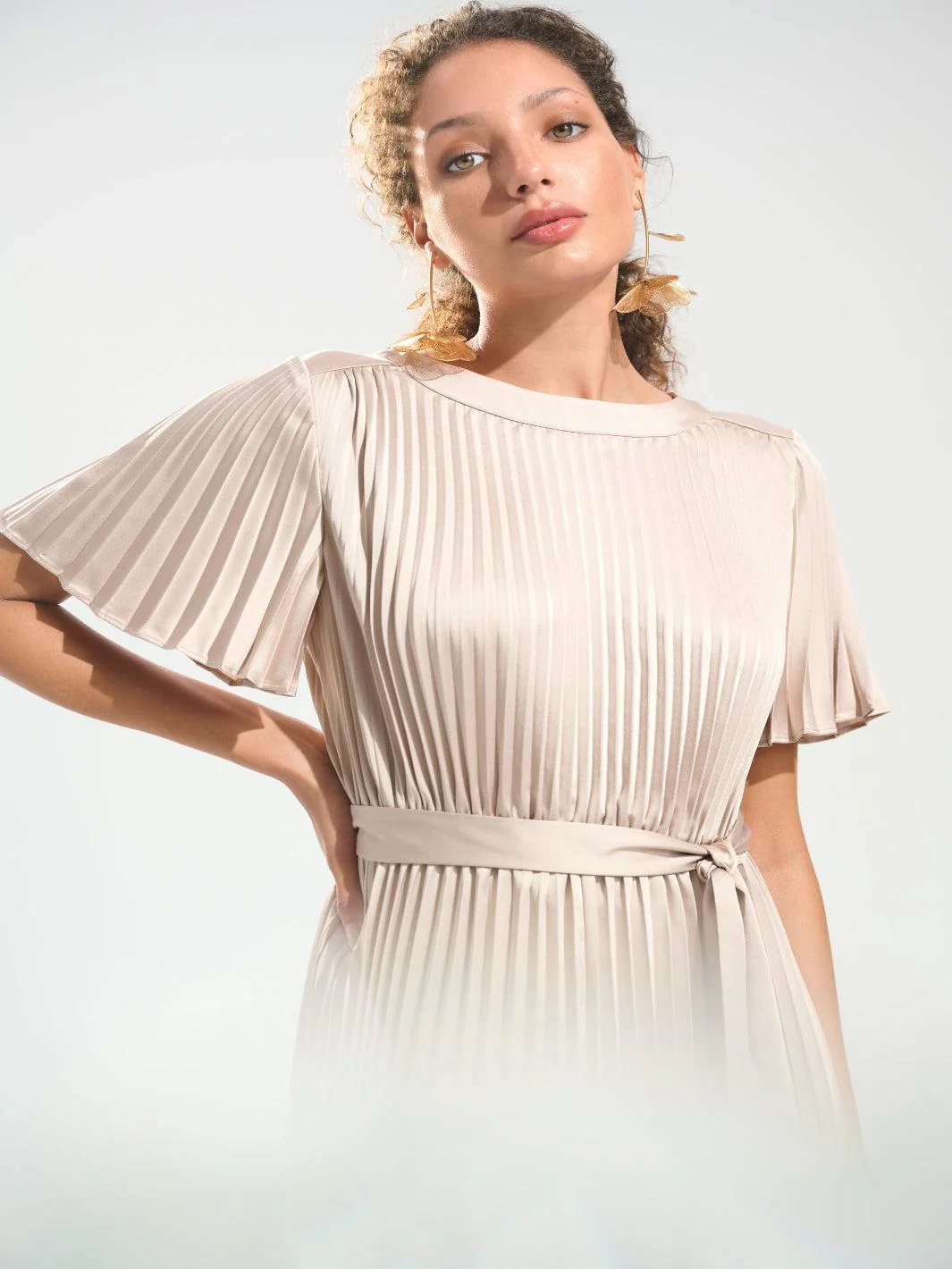 Joseph Ribkoff Midi Pleated Dress In Sand 261752 - Image 3