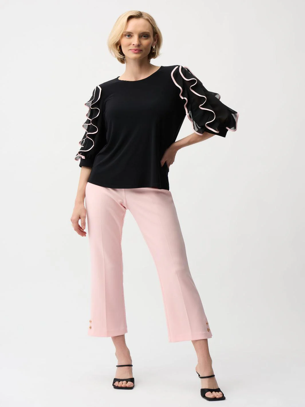 Joseph Ribkoff Ruffled Top In Black/Petal 261009 - Image 2