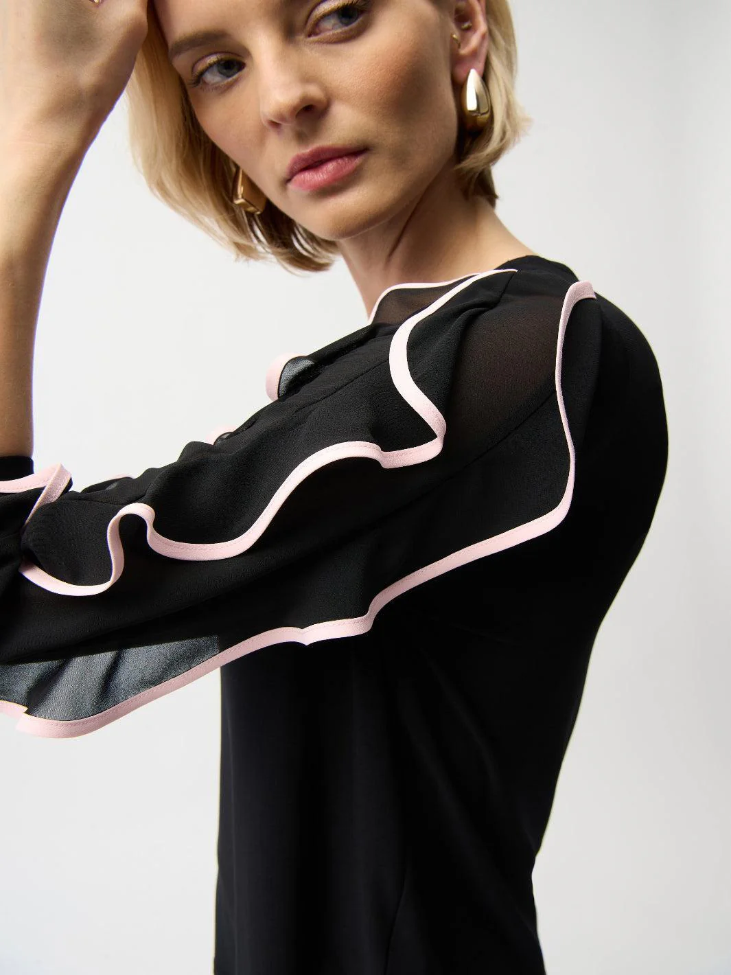 Joseph Ribkoff Ruffled Top In Black/Petal 261009 - Image 3