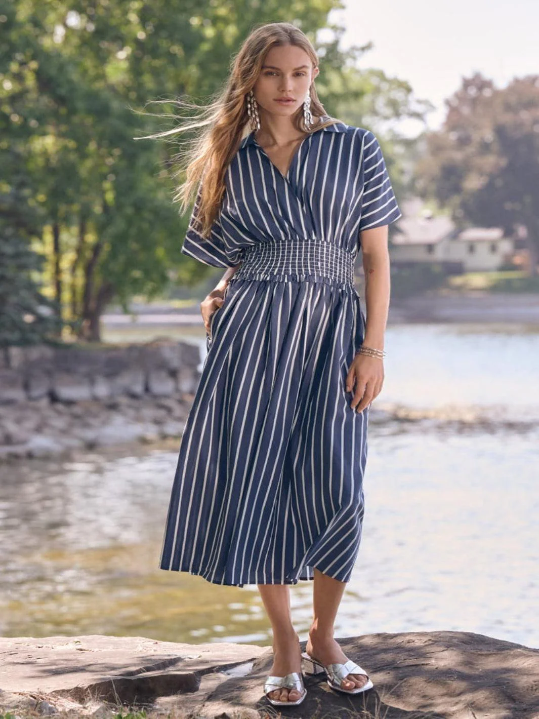 Joseph Ribkoff Striped Midi Dress In Blue/White 262912