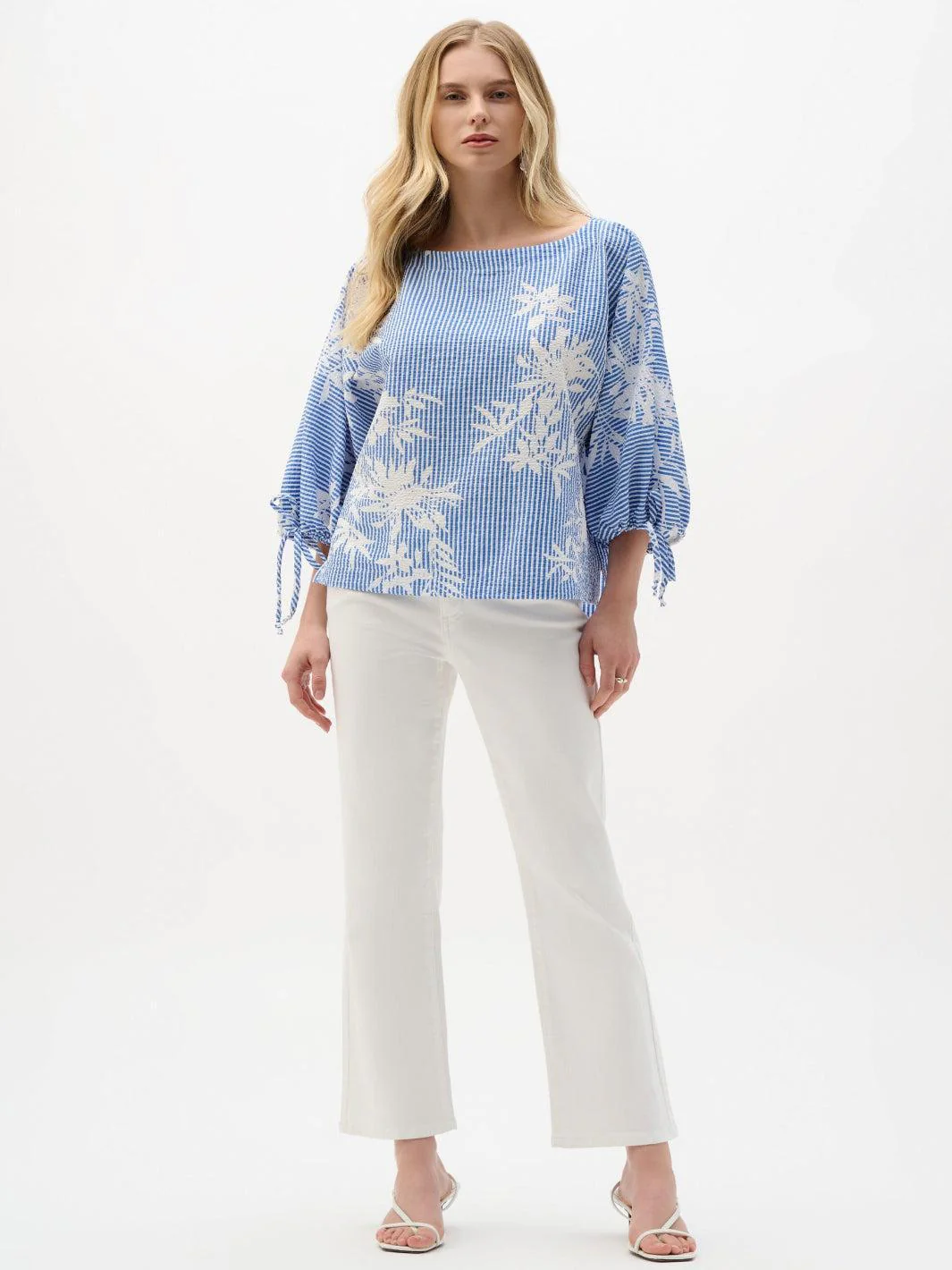 Joseph Ribkoff Striped Top With Puff Sleeves In Blue/Vanilla 262067 - Image 2