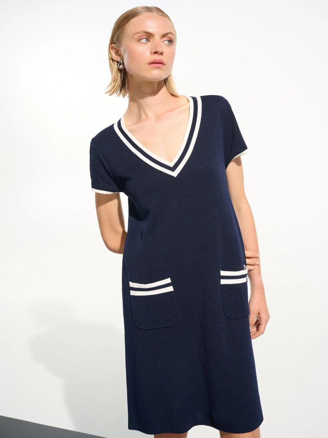Joseph Ribkoff V-neck Shift Dress In Indigo/Vanilla 261648 - Image 2