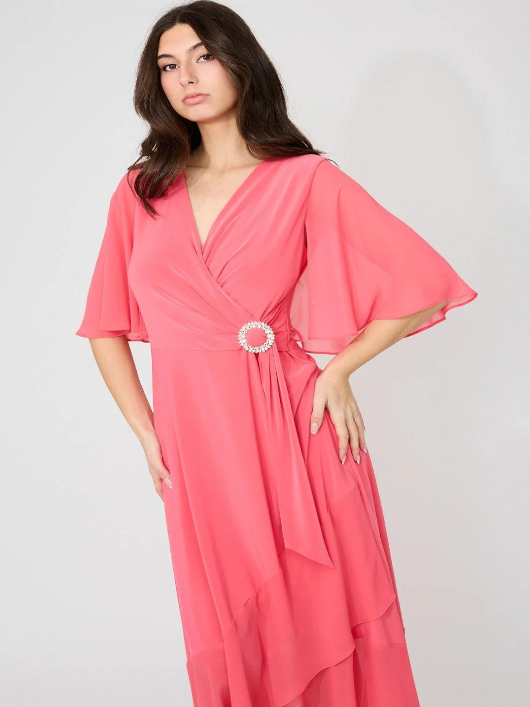 Joseph Ribkoff V-neck Wrap Midi Dress In Coral 261714 - Image 2