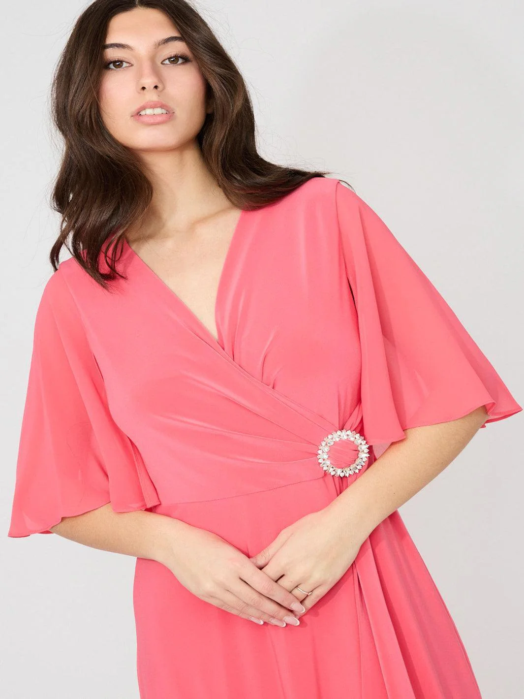 Joseph Ribkoff V-neck Wrap Midi Dress In Coral 261714 - Image 3