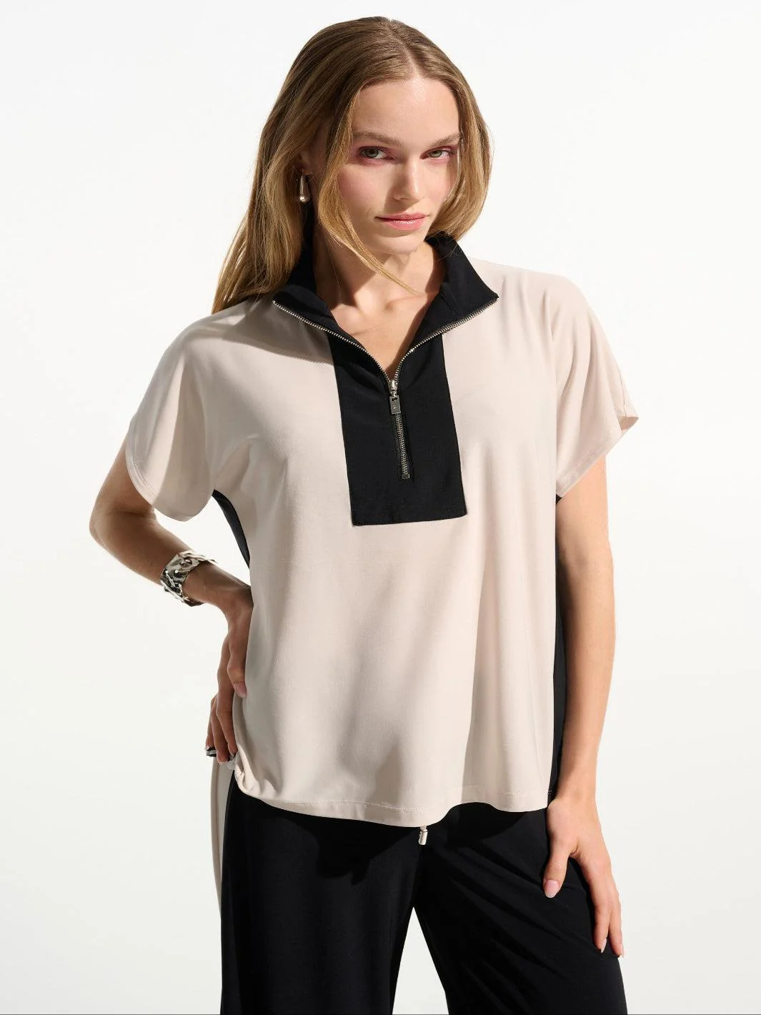 Joseph Ribkoff Zipper Top In Moonstone/Black 261611 - Image 2