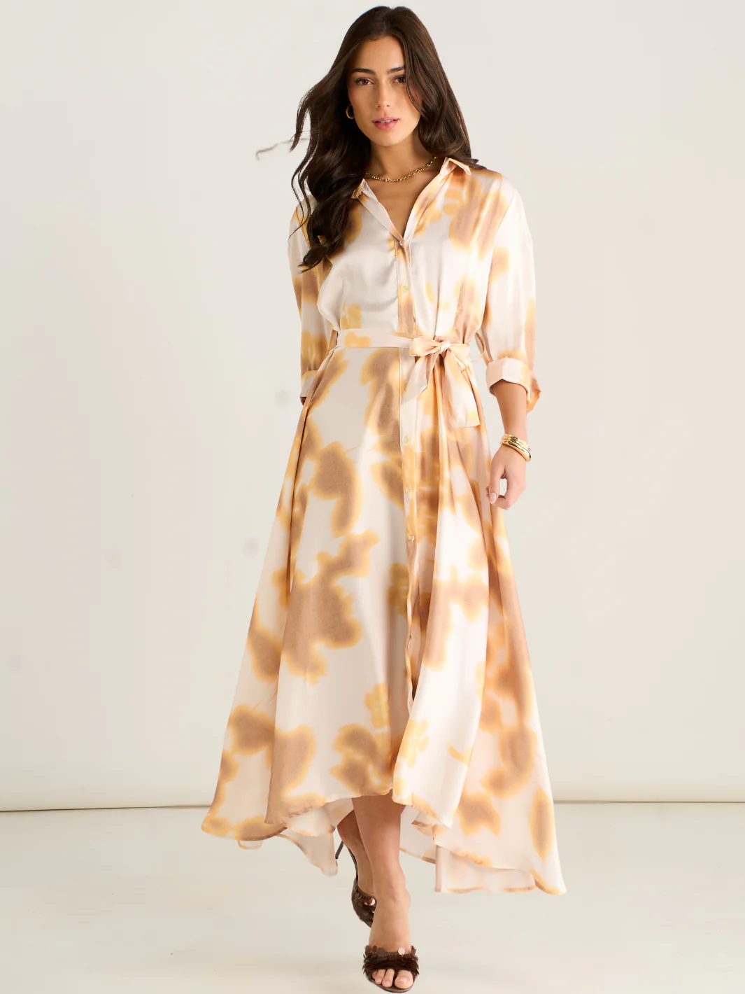 Kate & Pippa Azure Midi Dress In Gold/Ivory Print