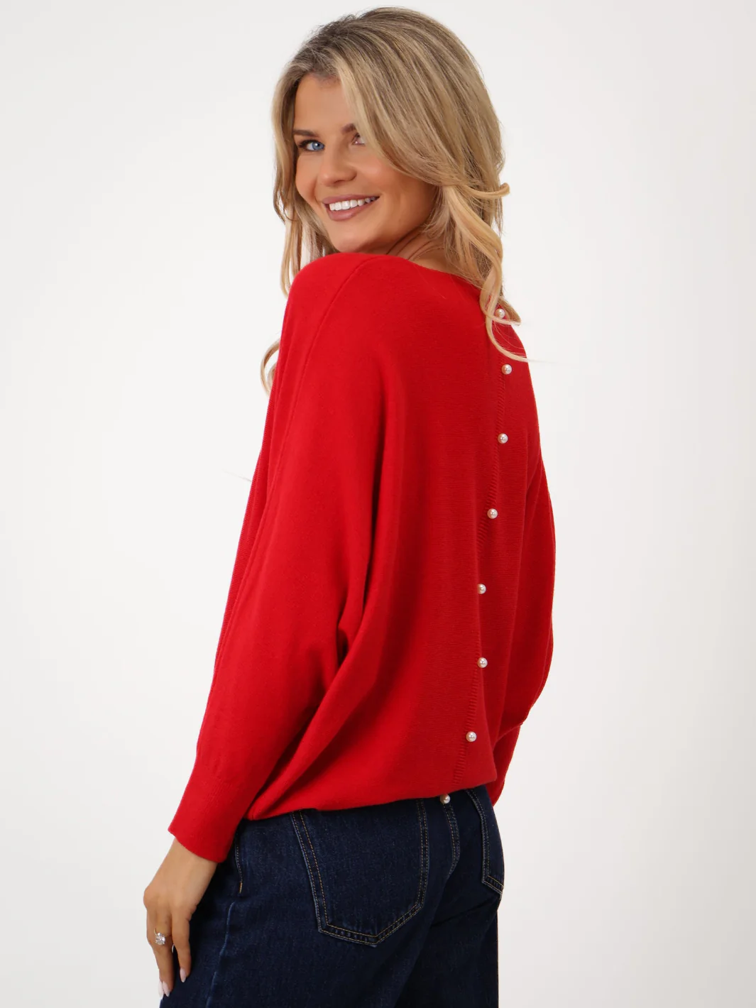 Kate & Pippa Elba Pearl Detail Knit Jumper In Red - Image 3