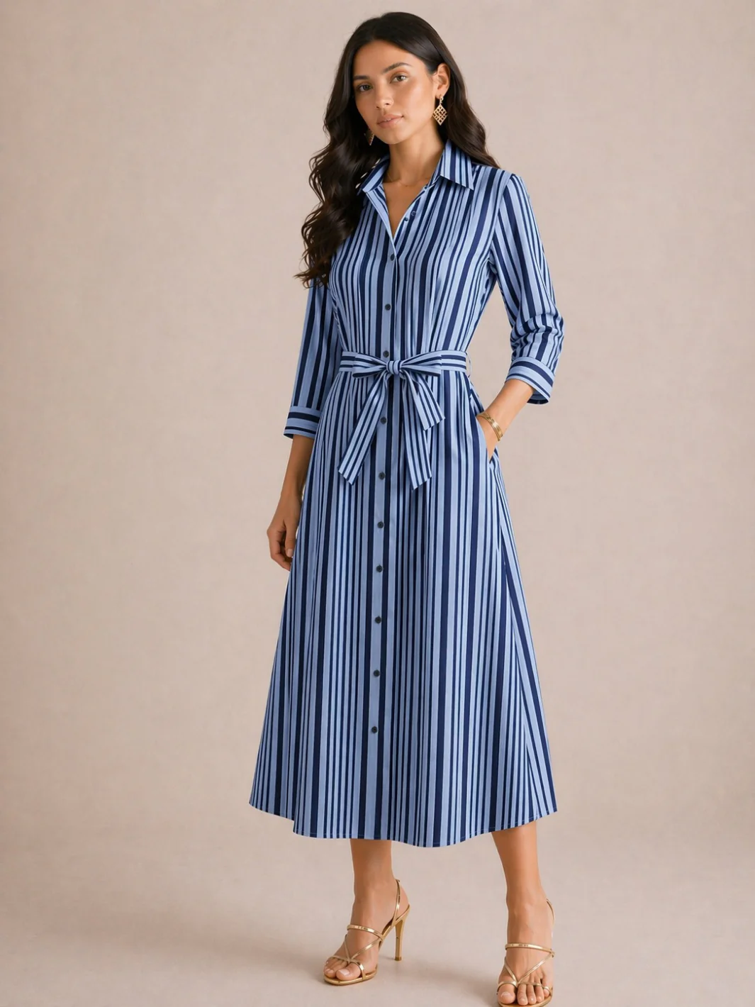 Kate & Pippa Elena Midi Shirt Dress In Blue/Navy Stripe