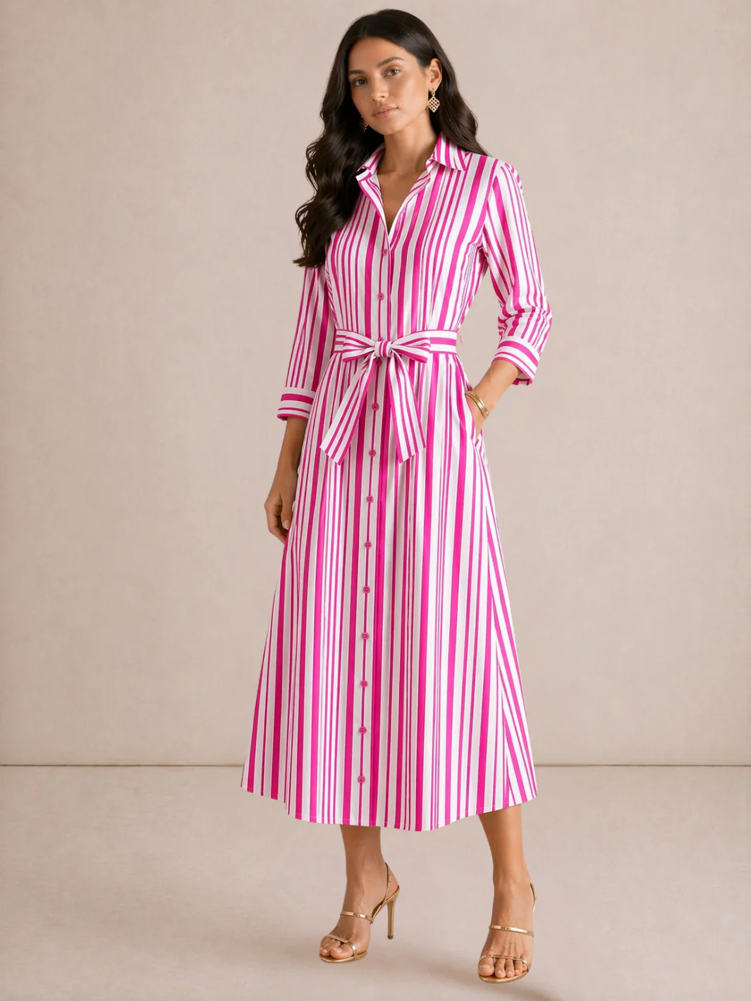 Kate & Pippa Elena Midi Shirt Dress In Pink Stripe