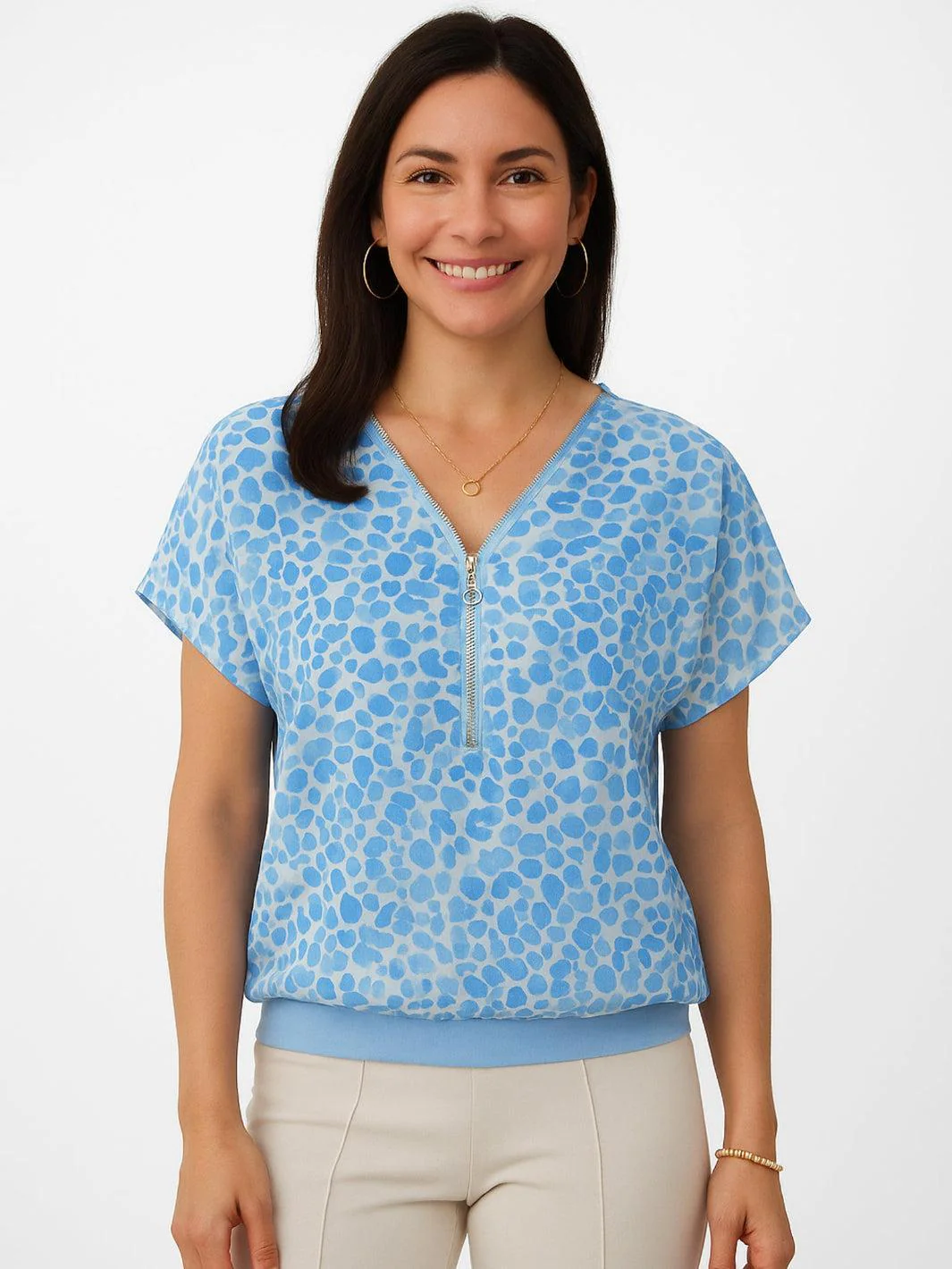 Kate & Pippa Eva Zip Top In Light Blue Spot Print