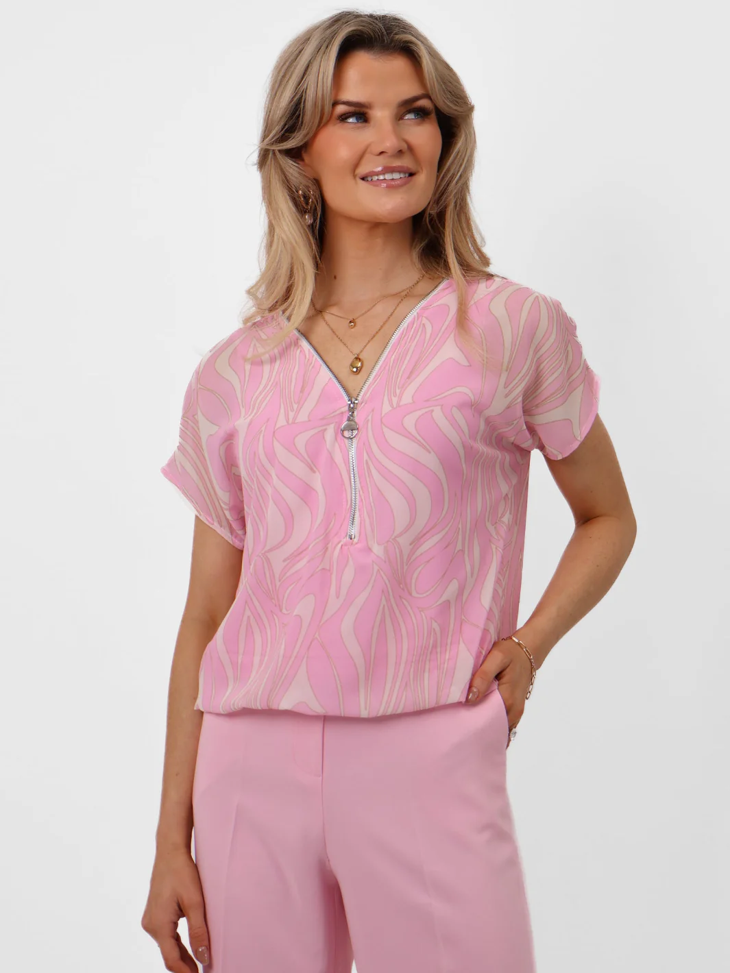 Kate & Pippa Eva Zip Top In Light Pink Print - Image 5