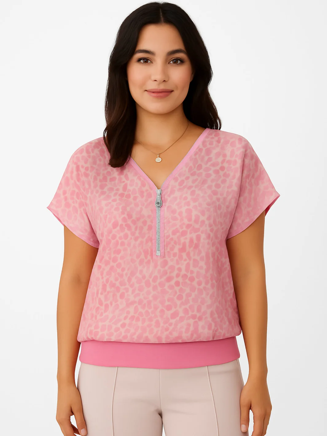 Kate & Pippa Eva Zip Top In Light Pink Spot Print
