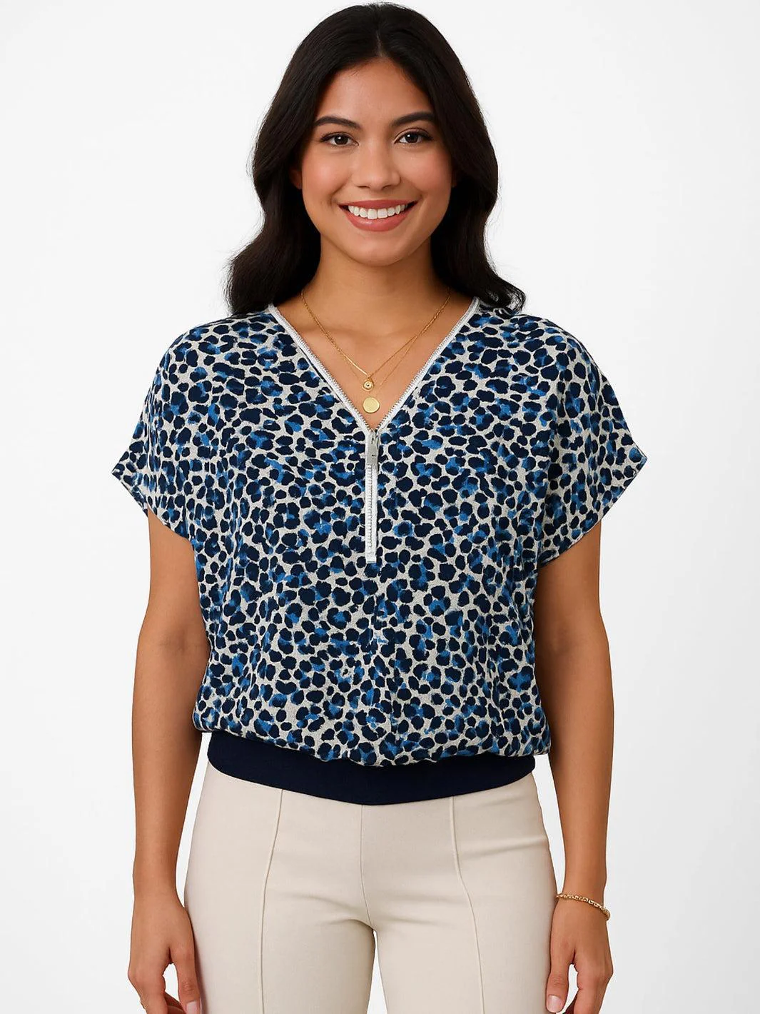 Kate & Pippa Eva Zip Top In Navy Spot Print