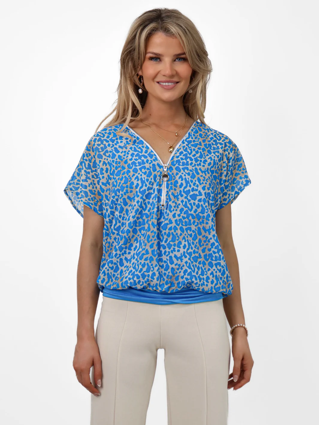 Kate & Pippa Eva Zip Top In Tiffany Blue Animal Print