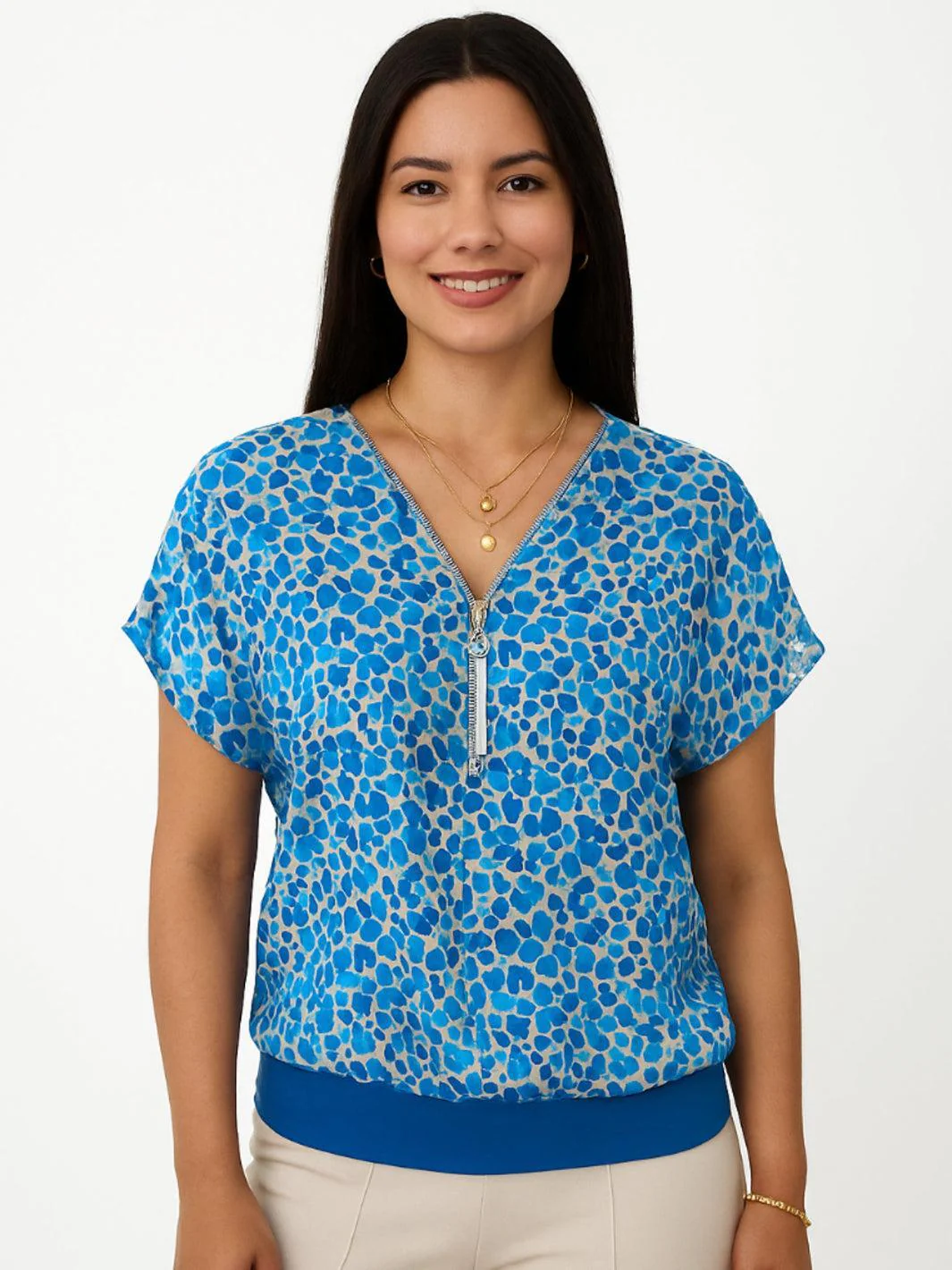 Kate & Pippa Eva Zip Top In Tiffany Blue Spot Print