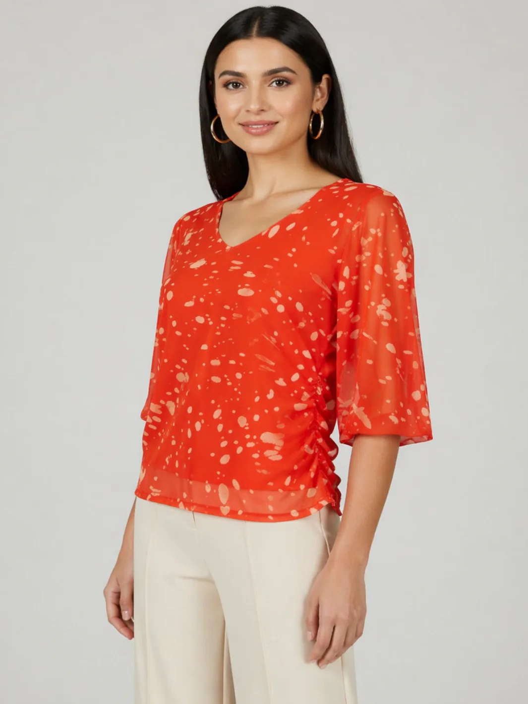 Kate & Pippa Ivy V-Neck Top In Orange Print