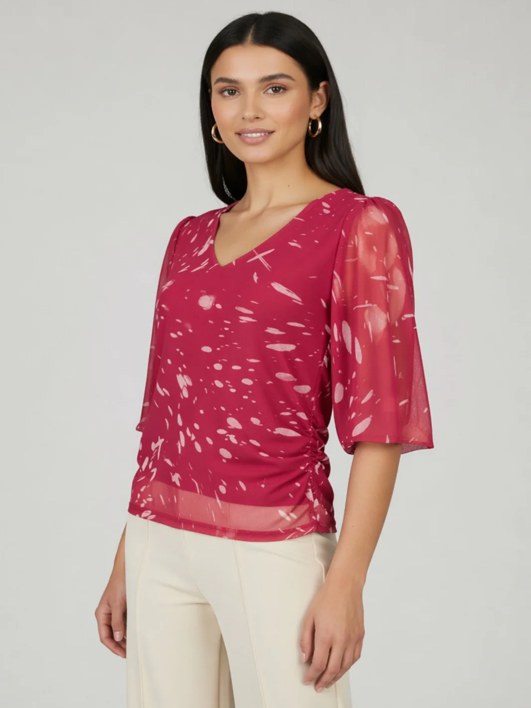 Kate & Pippa Ivy V-Neck Top In Pink Print