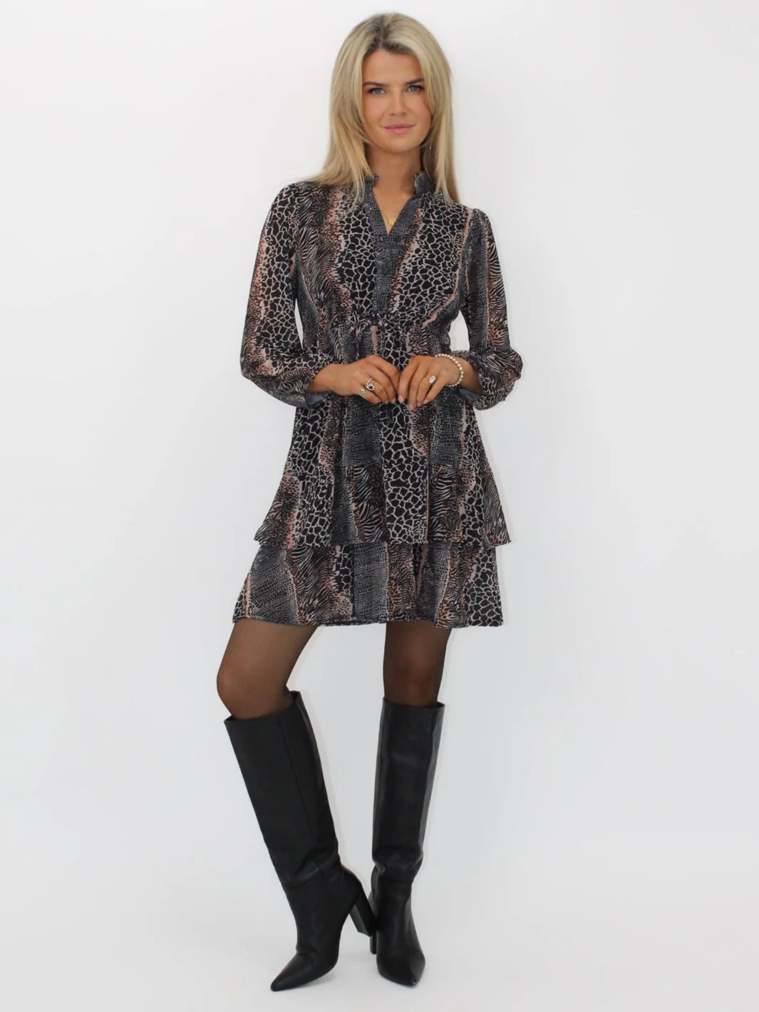 Kate & Pippa Latina Mini Dress In Beige Animal Print - Image 4
