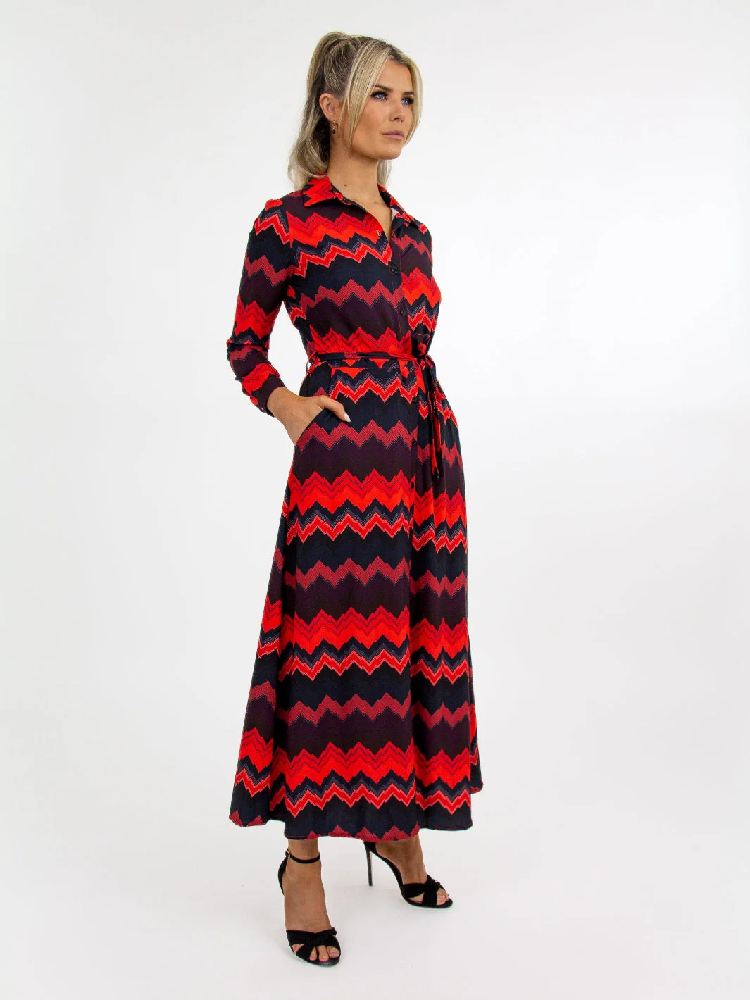 Kate & Pippa Luca Shirt Dress In Black/Red Chevron - Image 3