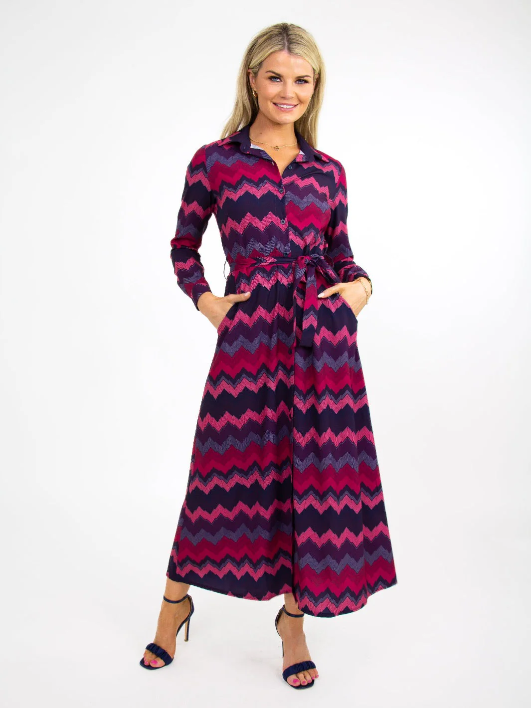 Kate & Pippa Luca Shirt Dress In Magenta/Plum Chevron