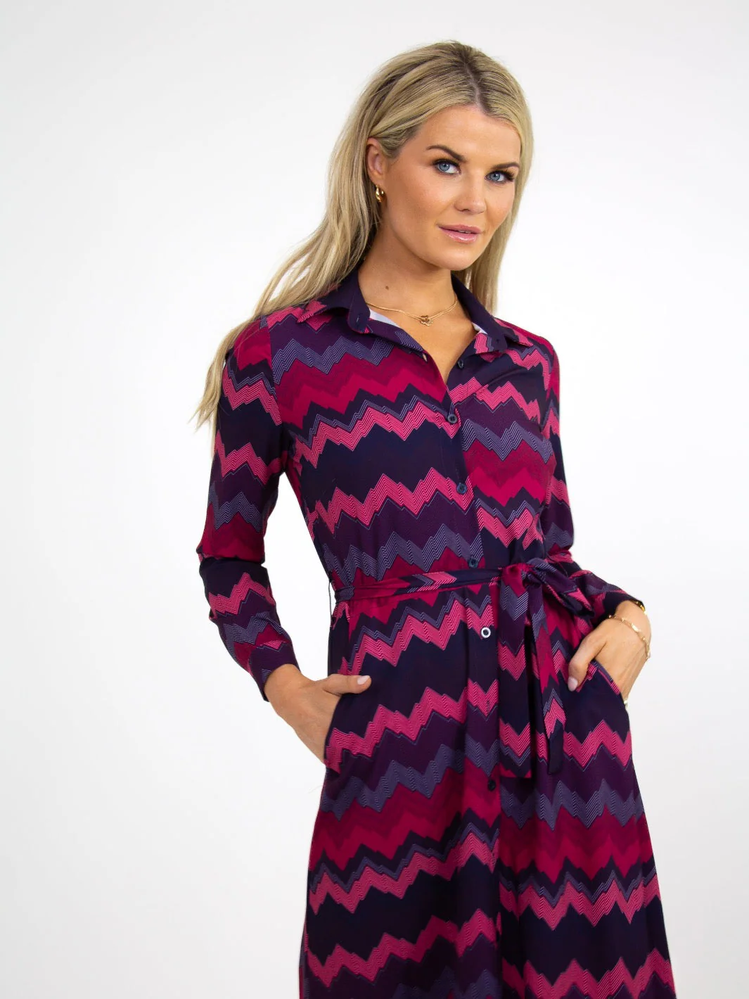 Kate & Pippa Luca Shirt Dress In Magenta/Plum Chevron - Image 2