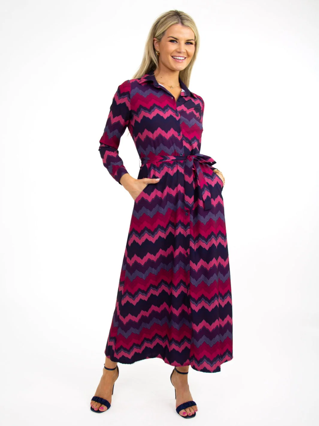 Kate & Pippa Luca Shirt Dress In Magenta/Plum Chevron - Image 3