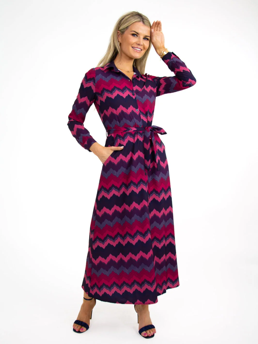 Kate & Pippa Luca Shirt Dress In Magenta/Plum Chevron - Image 4