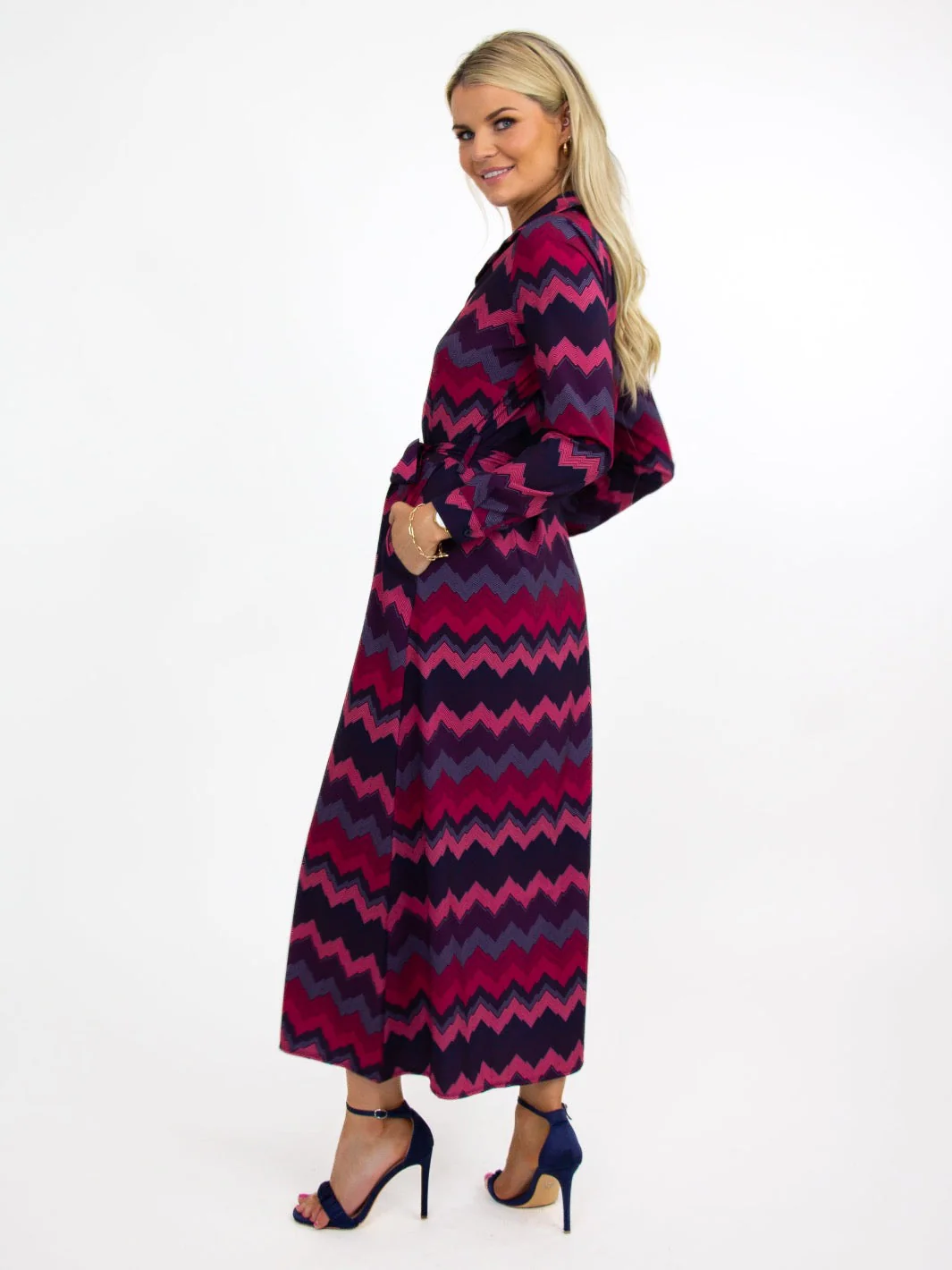 Kate & Pippa Luca Shirt Dress In Magenta/Plum Chevron - Image 5