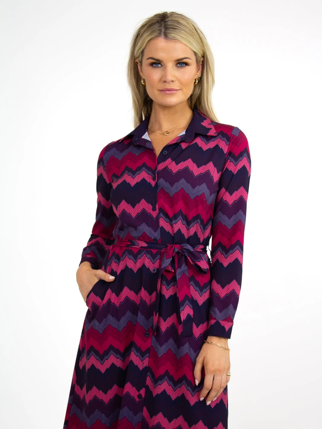 Kate & Pippa Luca Shirt Dress In Magenta/Plum Chevron - Image 6