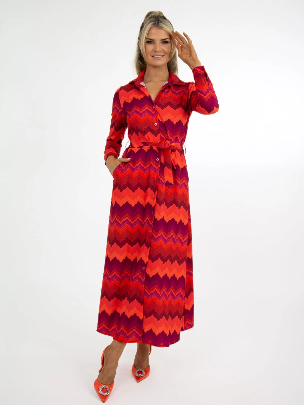 Kate & Pippa Luca Shirt Dress In Orange/Magenta Chevron - Image 3