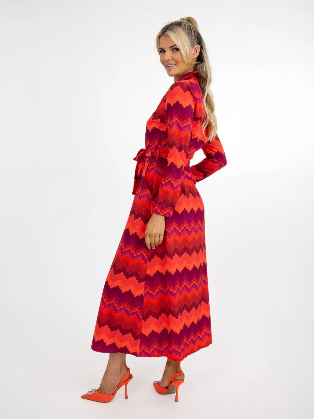 Kate & Pippa Luca Shirt Dress In Orange/Magenta Chevron - Image 4