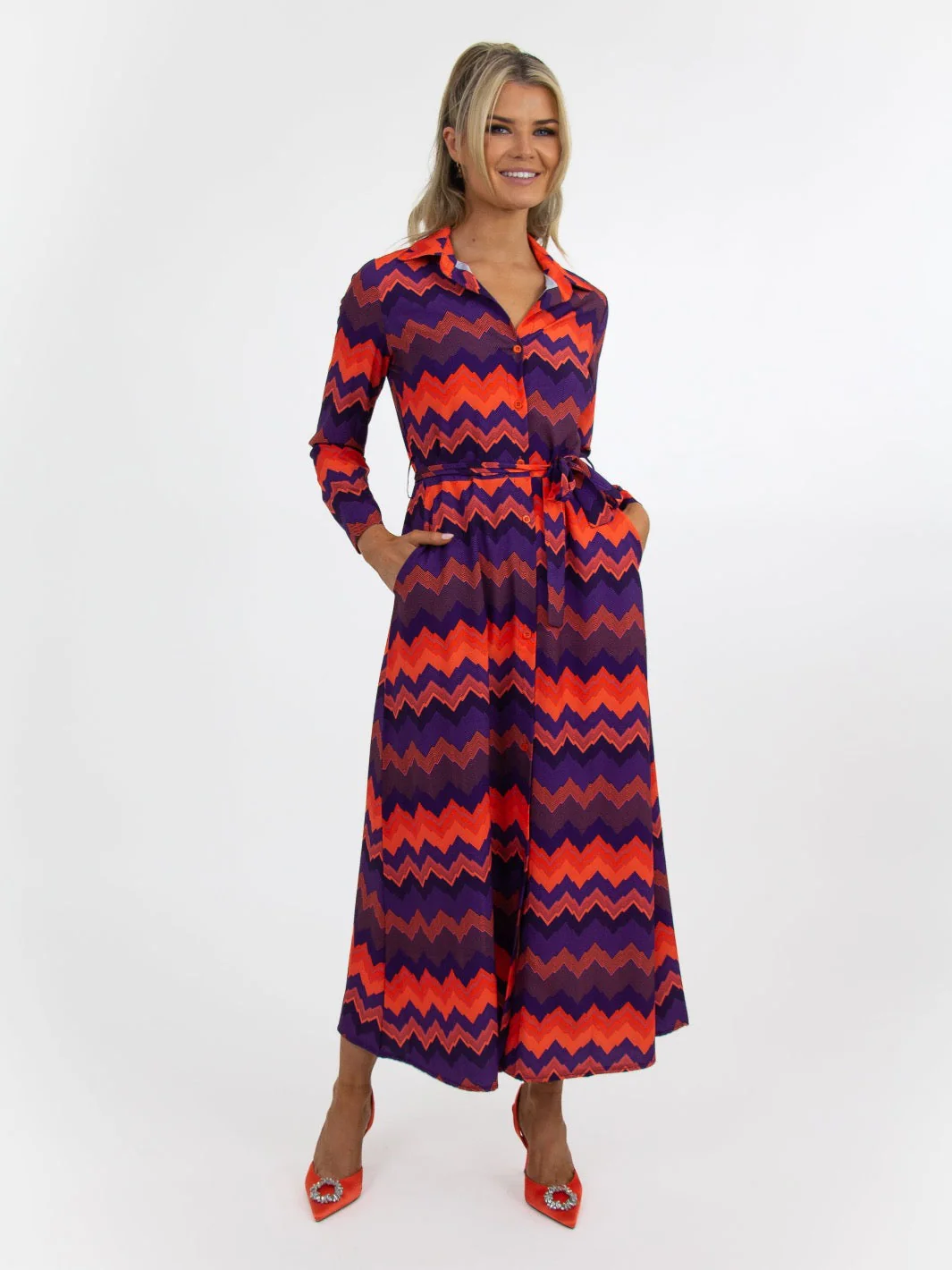 Kate & Pippa Luca Shirt Dress In Purple/Orange Chevron - Image 3
