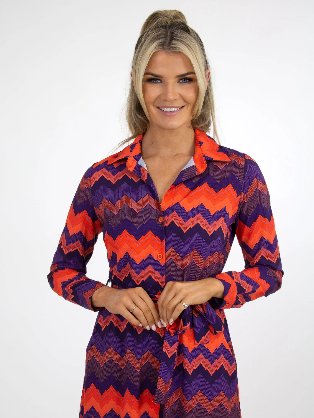 Kate & Pippa Luca Shirt Dress In Purple/Orange Chevron - Image 4
