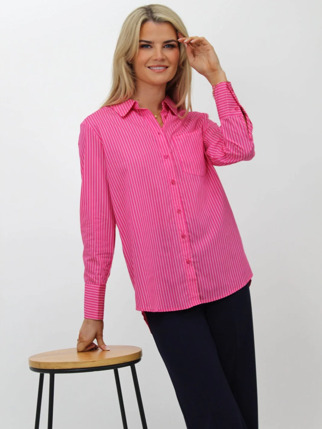 Kate & Pippa Oxford Striped Shirt In Cerise Pink - Image 2