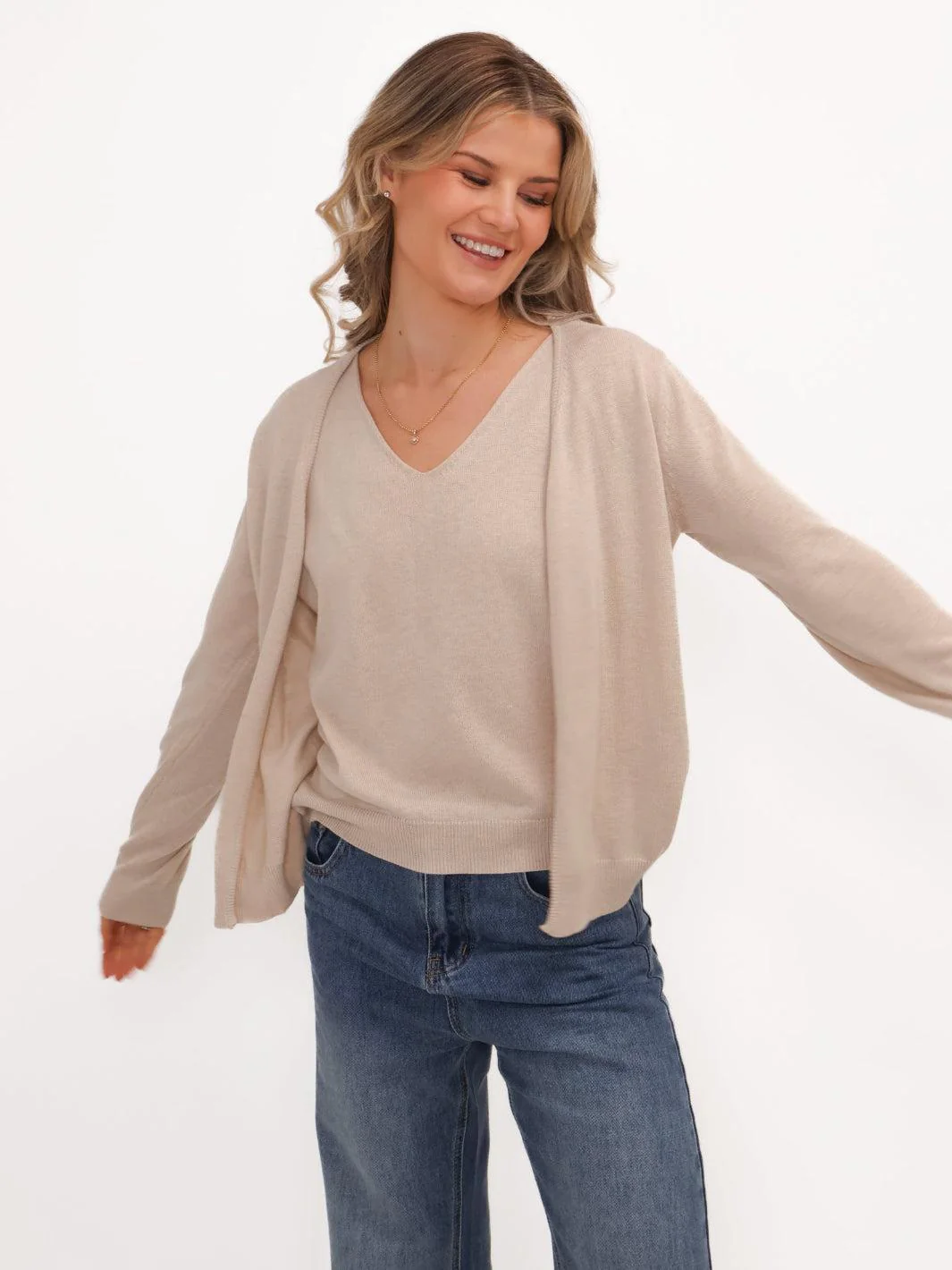 Kate & Pippa Poppy Two-In-One Cardigan In Beige - Image 4