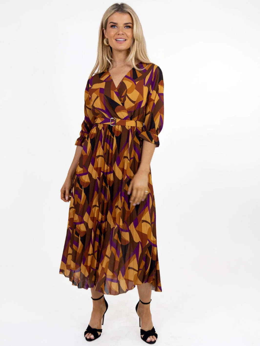 Kate & Pippa Positano Midi Dress In Tan / Plum Print - Image 4