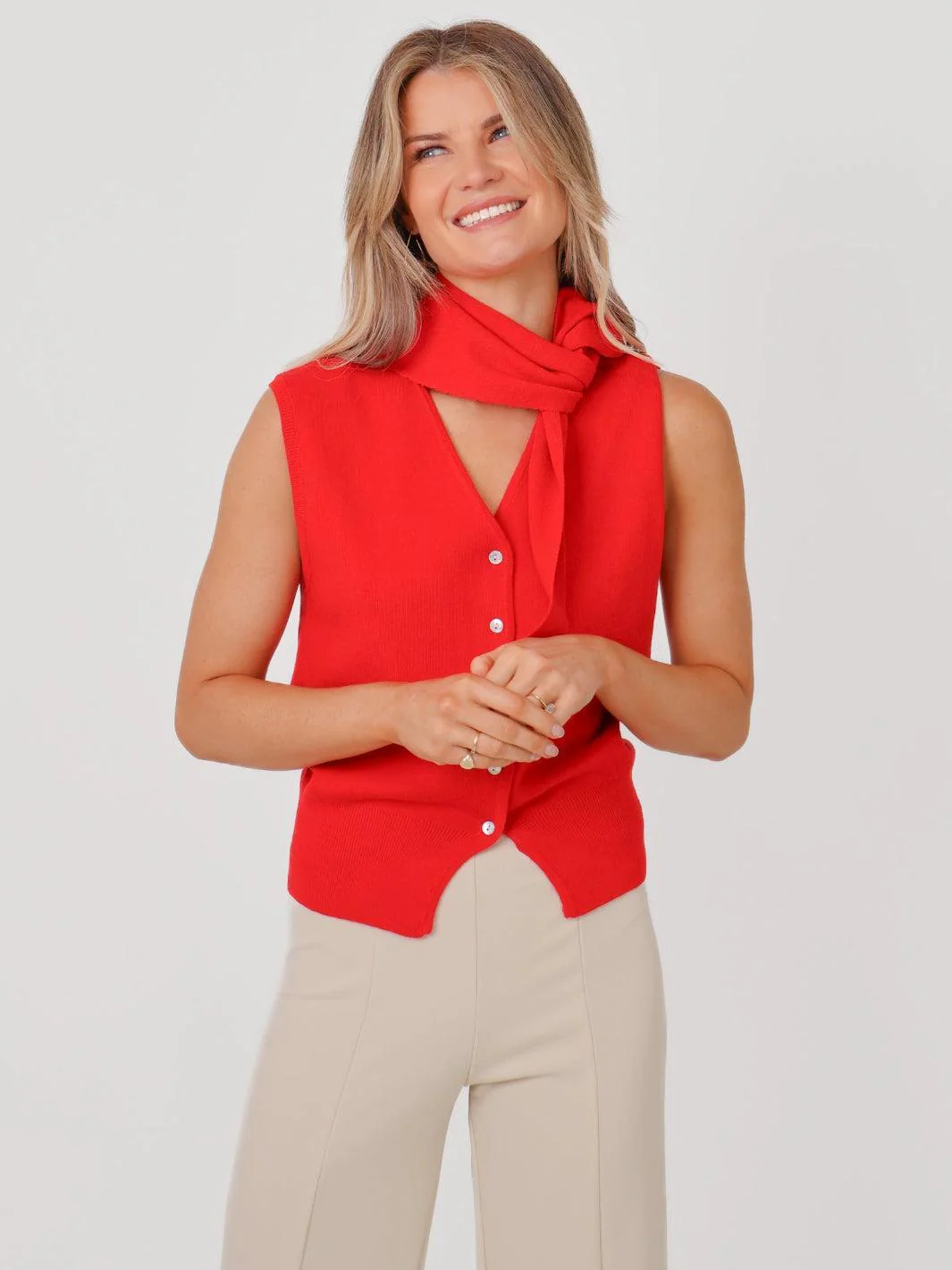 Kate & Pippa Robyn Knit Waistcoat With Neck Scarf In Red