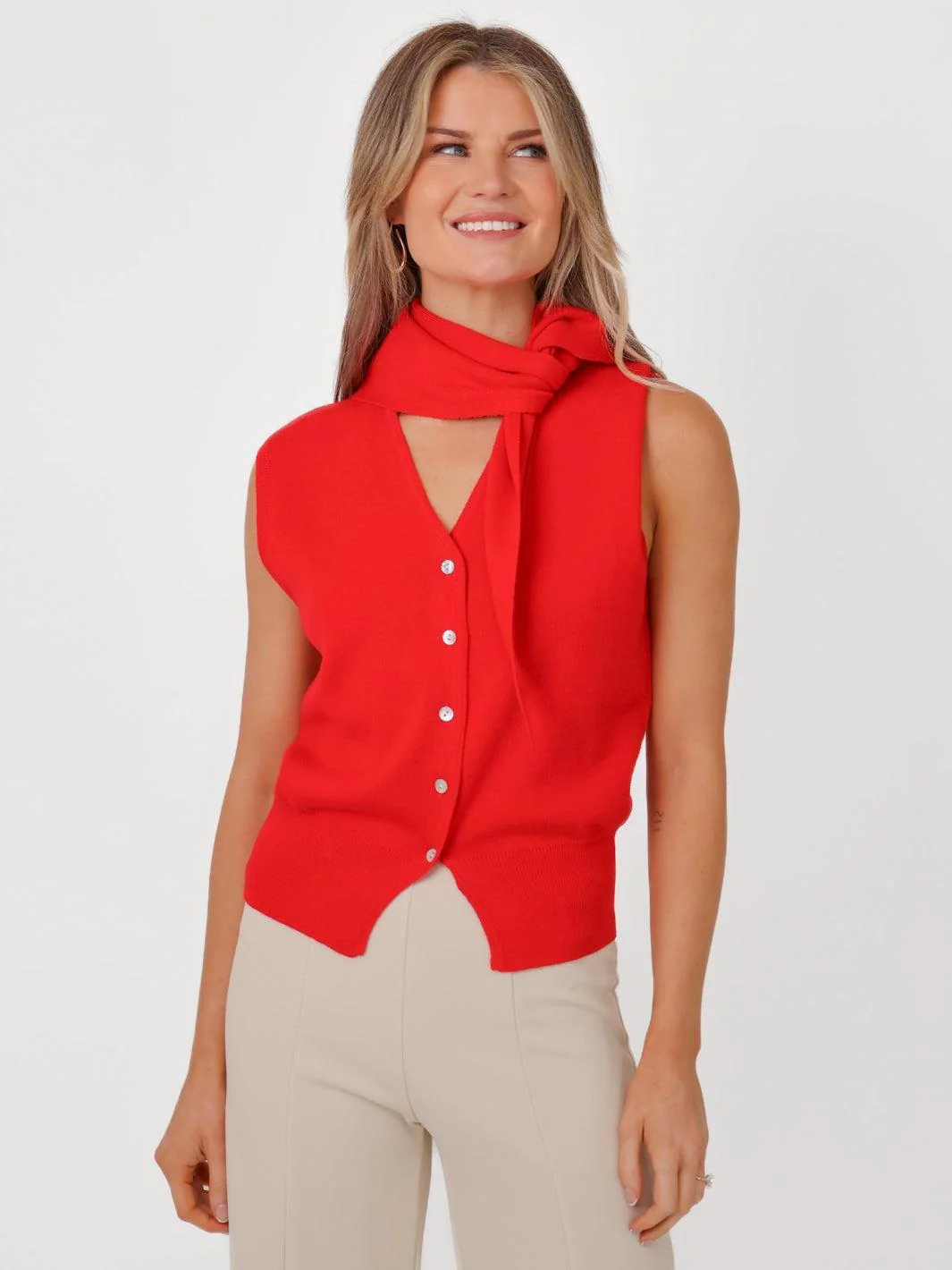 Kate & Pippa Robyn Knit Waistcoat With Neck Scarf In Red - Image 2