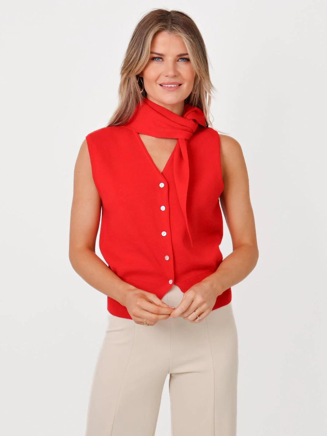 Kate & Pippa Robyn Knit Waistcoat With Neck Scarf In Red - Image 3