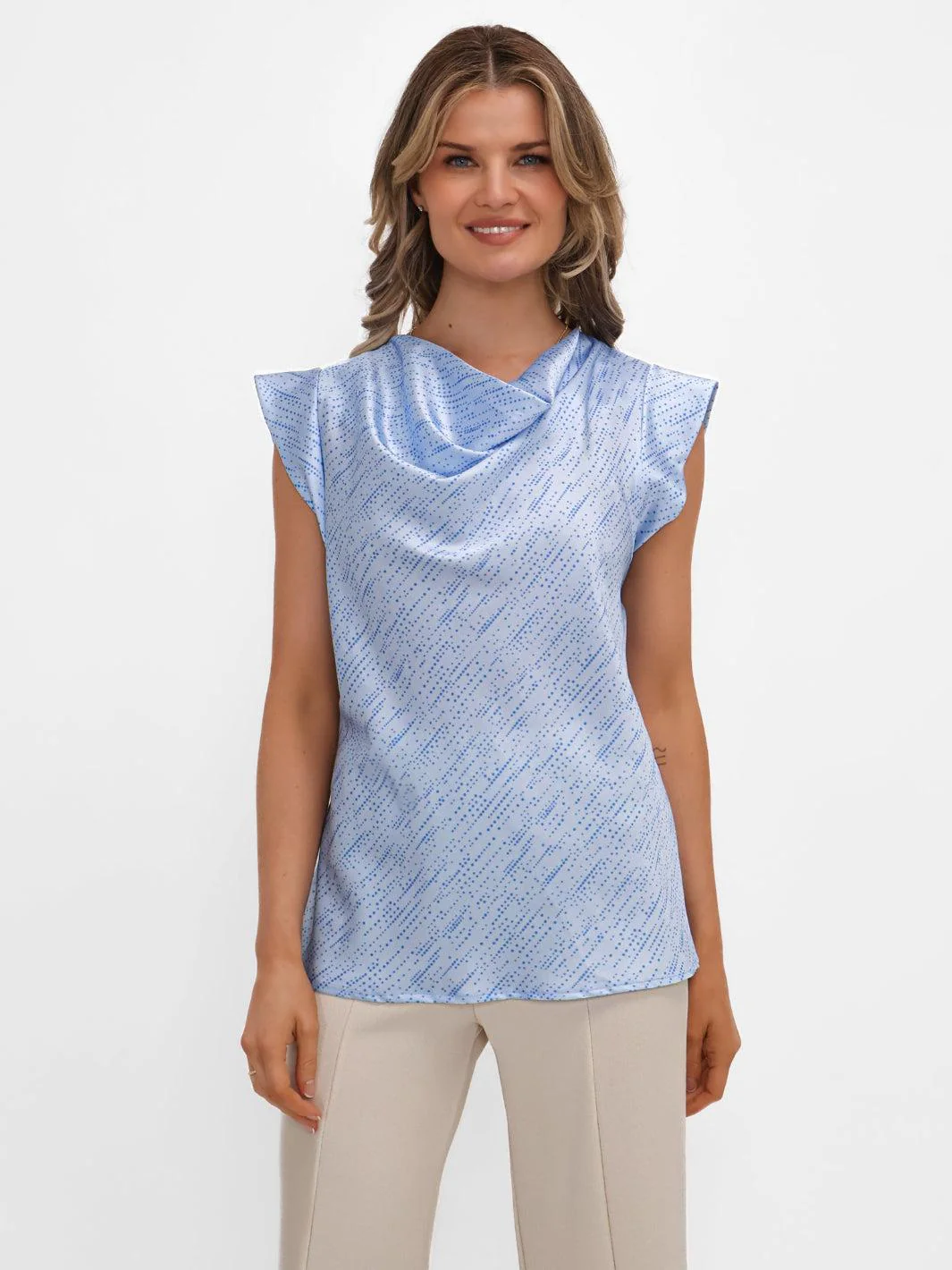Kate & Pippa Suzy Cowl Neck Top In Light Blue Print - Image 3